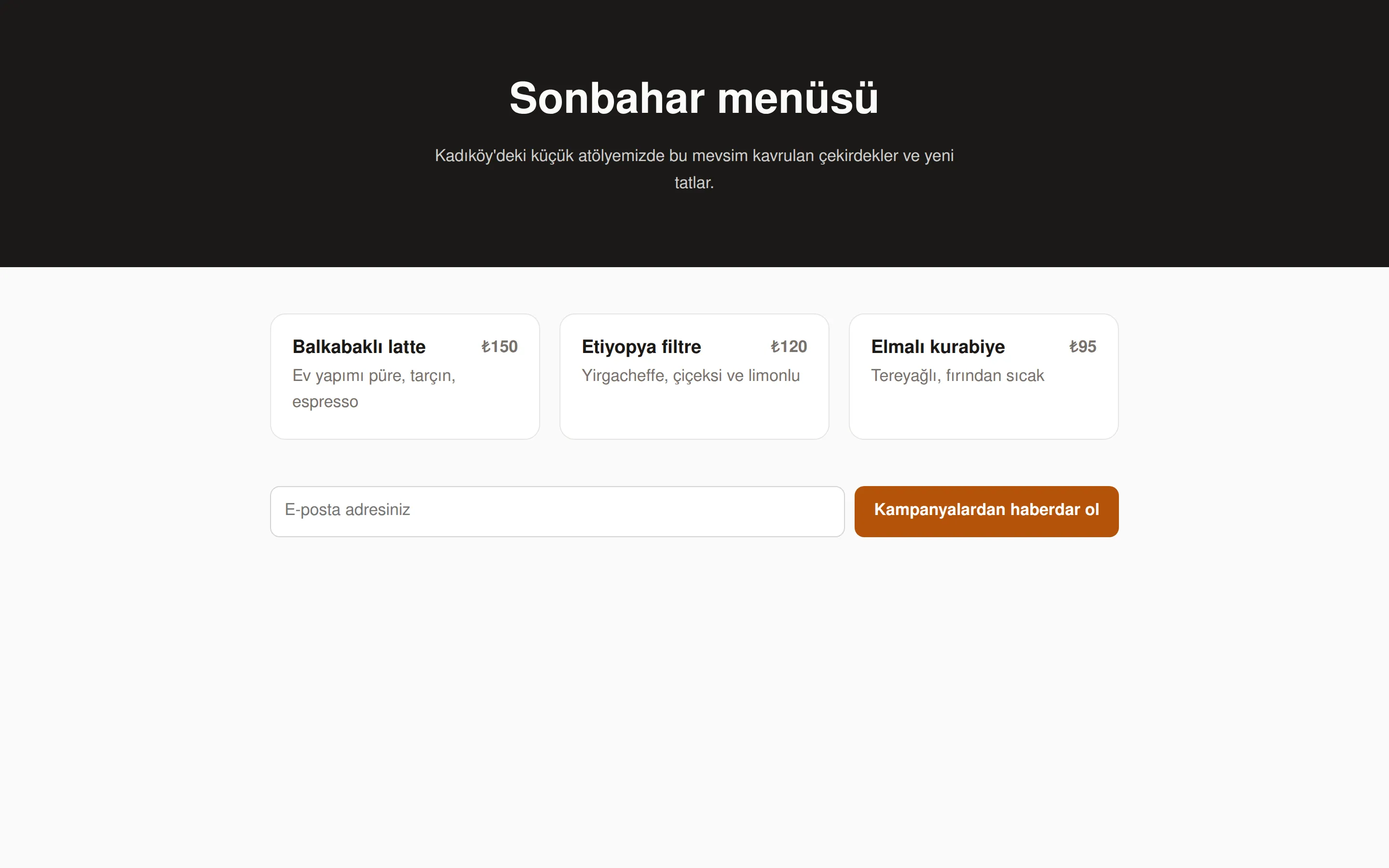 Taslak ile yayınlanmış örnek bir site: bir kahve atölyesinin menüsü