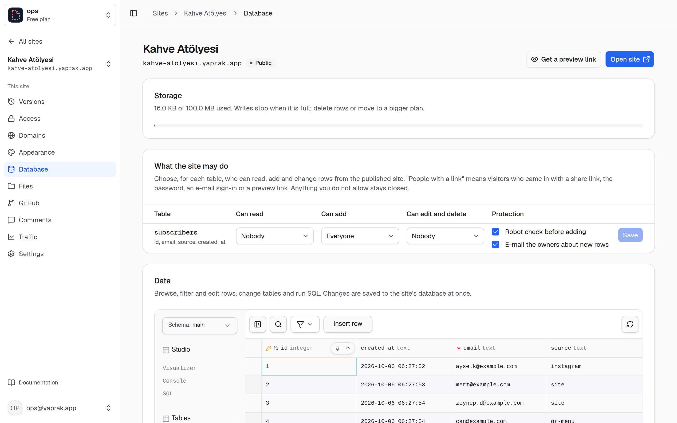 The database in the Taslak panel: table permissions and the studio listing subscribers