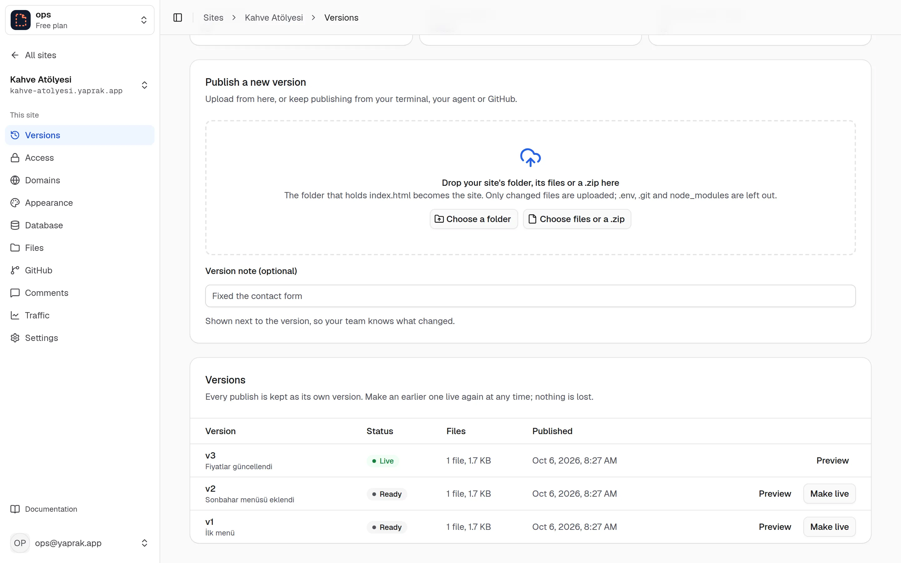 The Taslak panel: a site's versions, their notes and the live one